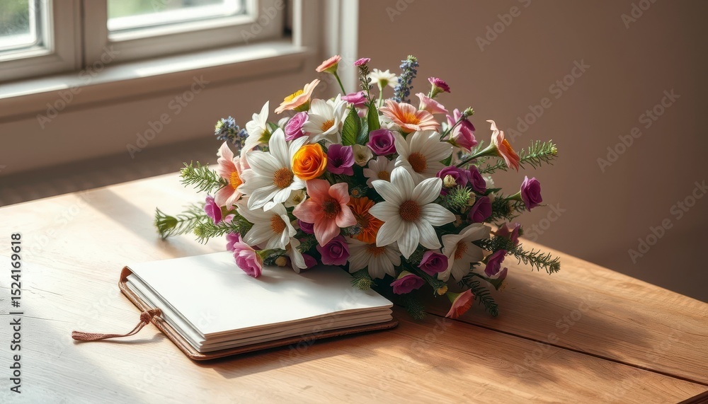 Obraz premium A vibrant bouquet of assorted flowers rests on a light wood surface next to a blank notebook, bathed in soft sunlight streaming through a nearby window.