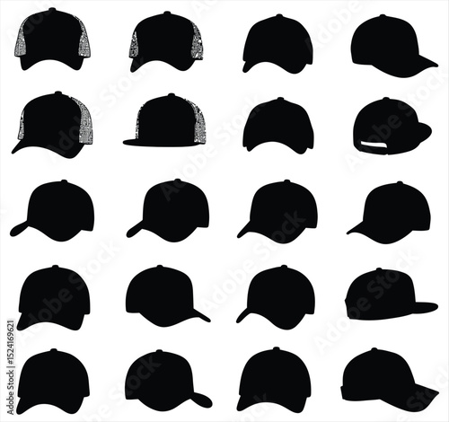 Stylish vector collection of baseball caps and snapbacks, featuring diverse silhouettes and outline designs. This illustration set is perfect for streetwear, sports, fashion, and urban apparel themes.