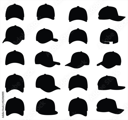 Stylish vector collection of baseball caps and snapbacks, featuring diverse silhouettes and outline designs. This illustration set is perfect for streetwear, sports, fashion, and urban apparel themes.
