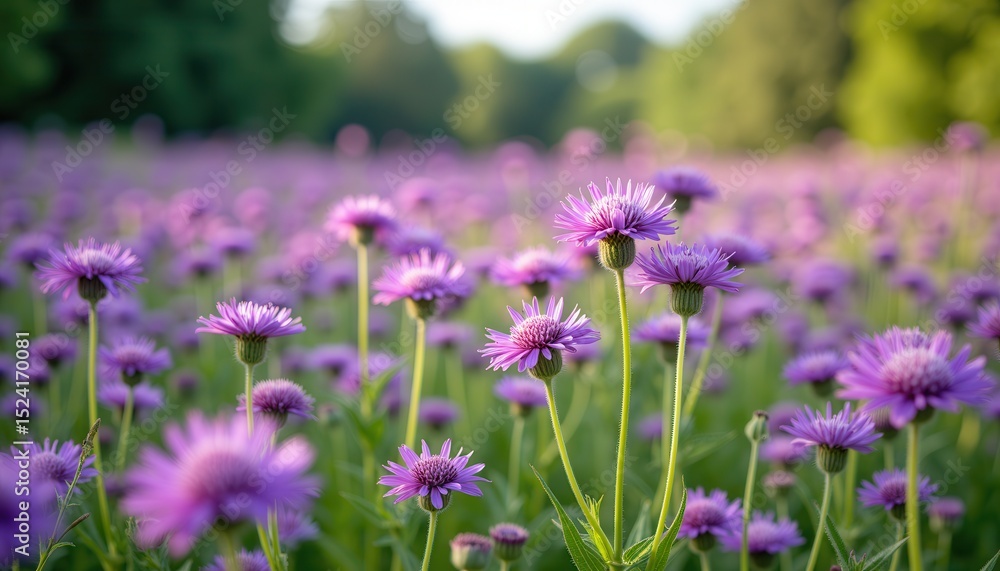 Obraz premium Purple wildflowers in lush green meadow at sunrise
