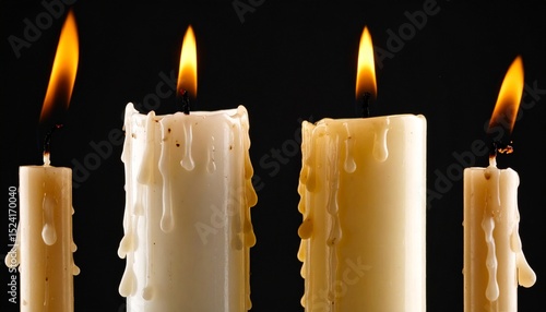candles with melted wax dripping down their sides, glowing warmly against a dark background, creating a calm and atmospheric mood.