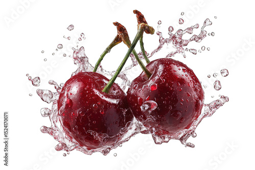 Two ripe cherries in mid-air, surrounded by splashing water