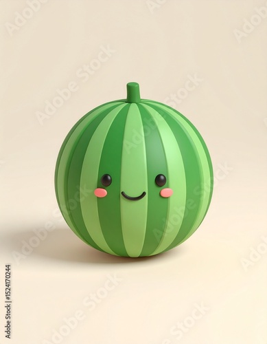 Kawaii watermelon slice toy with a smiling face, bright red interior, green rind, and cartoon-style seeds on a beige background.