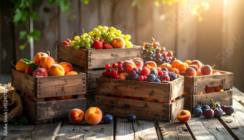 Wooden crates filled with fresh fruits including grapes, peaches, plums, and berries, displayed outdoors on a rustic wooden table under warm sunlight.