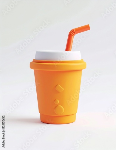 A stylized orange drink cup with a white lid and two straws—one blue and one bent orange—set against a clean white background in a minimal, cartoon-like design