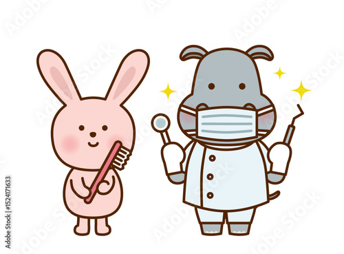 歯ブラシを持つうさぎと歯医者のカバのかわいいイラスト