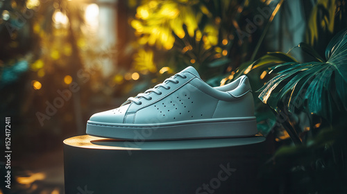 Single white sneaker placed on a pedestal, tropical greenery backdrop, strong spotlight casting sharp shadows, high-fashion sneaker product photo 