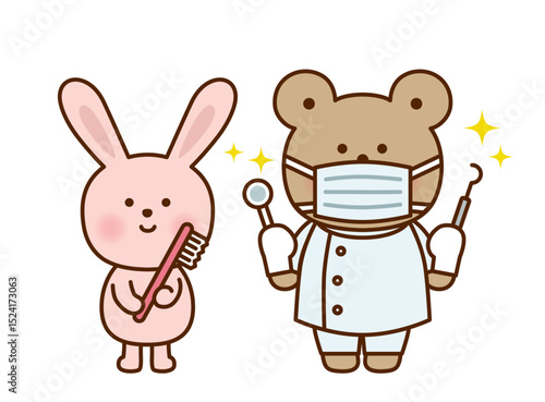 歯ブラシを持つうさぎと歯医者のくまのかわいいイラスト