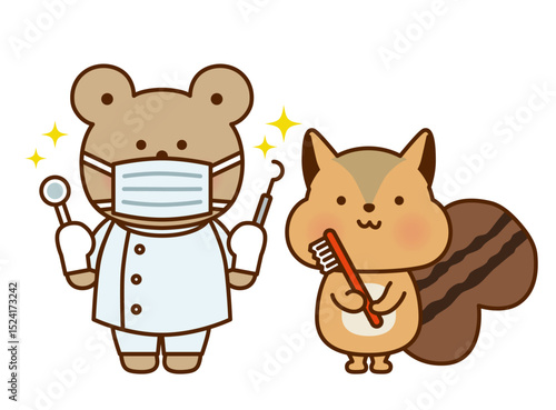 歯ブラシを持つリスと歯医者のくまのかわいいイラスト