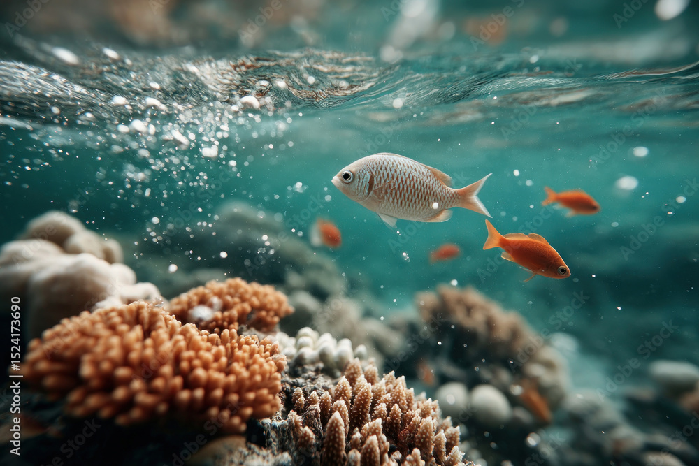 Fototapeta premium Vibrant underwater coral reef scene showcasing colorful fish diversity in ocean environment