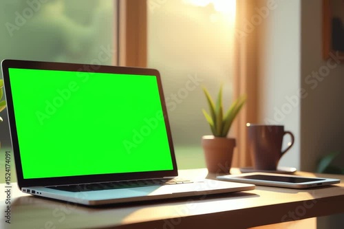 Wallpaper Mural laptop computer green screen sitting top wooden desk surrounded house plants mobile phone cup Torontodigital.ca