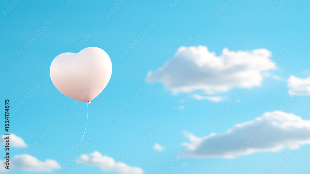 Fototapeta premium A soft pink heart-shaped balloon floats gracefully in a clear blue sky, symbolizing love, joy, and carefree moments.