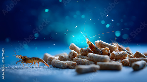 Shrimp gather around a pile of food pellets on a blue, underwater-themed surface with glowing bokeh lights in the background.