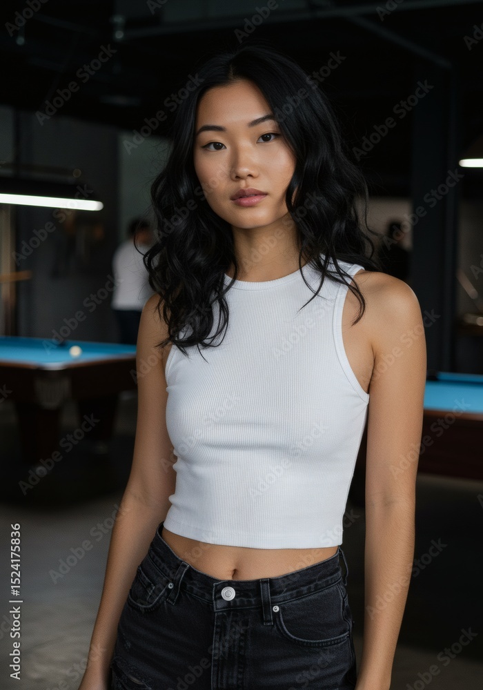 Fototapeta premium Stylish Woman in White Tank Top and Jeans, Confident Pose