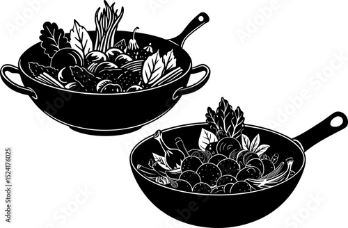 Silhouette of a wok with vegetables. bowl of fresh vegetables