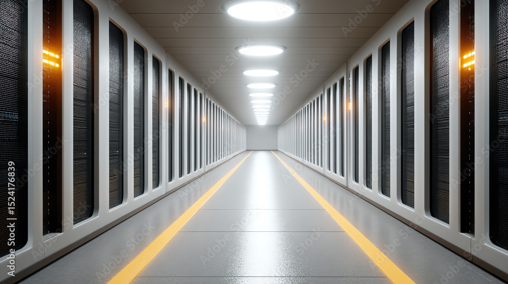 Fototapeta premium Futuristic corridor featuring illuminated panels and sleek design, perfect for showcasing modern architecture and technology.