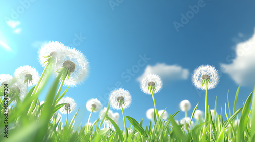 Vibrant dandelions basking in sunlight, creating a serene and refreshing atmosphere in a lush green meadow.