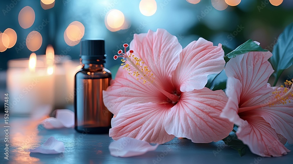 Soft pink hibiscus blossoms nestled beside aromatherapy oil and candles. Soft pink hibiscus blossoms nestled beside aromatherapy oil and candles.
