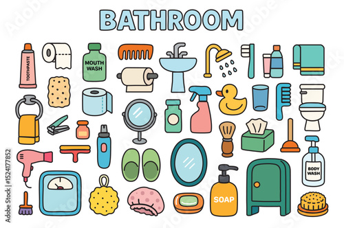 A colorful cartoon-style set of bathroom items with bold outlines on a white background. Includes hygiene tools, accessories, and cleaning elements. Perfect for prints, stickers, games, UI