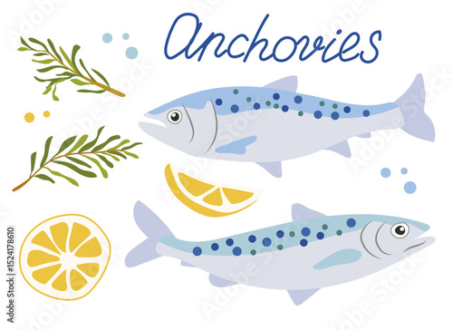 An exquisite and delicious illustration of anchovies presented beautifully with lemon and herbs