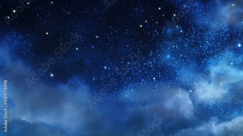 Serene Night Sky with Stars and Blue Cloudy Background – Ethereal Cosmic Glow, Deep Azure Hues, Gentle Cloud Veils, Starry Nightscape Aesthetics