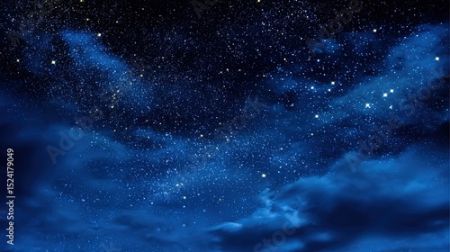 Serene Night Sky with Stars and Blue Cloudy Background – Ethereal Cosmic Glow, Deep Azure Hues, Gentle Cloud Veils, Starry Nightscape Aesthetics