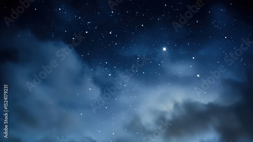 Serene Night Sky with Stars and Blue Cloudy Background – Ethereal Cosmic Glow, Deep Azure Hues, Gentle Cloud Veils, Starry Nightscape Aesthetics