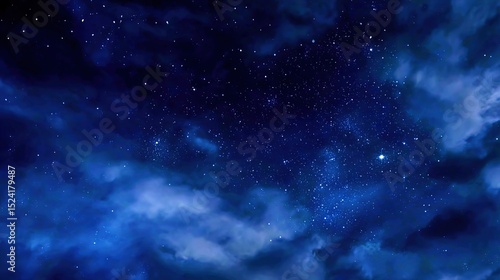 Serene Night Sky with Stars and Blue Cloudy Background – Ethereal Cosmic Glow, Deep Azure Hues, Gentle Cloud Veils, Starry Nightscape Aesthetics