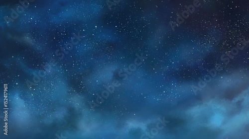 Serene Night Sky with Stars and Blue Cloudy Background – Ethereal Cosmic Glow, Deep Azure Hues, Gentle Cloud Veils, Starry Nightscape Aesthetics