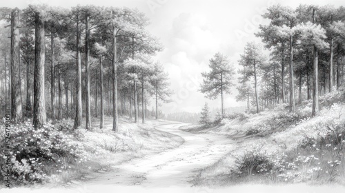 Pencil sketch of a path through a pine forest, with a landscape background