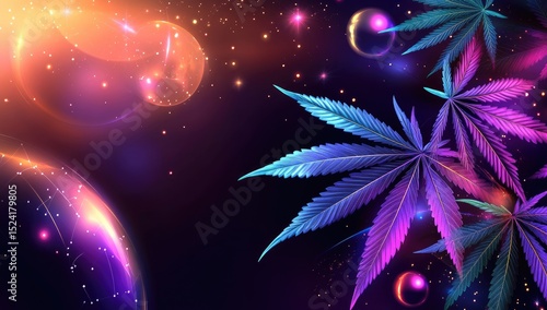 Psychedelic cannabis leaves in cosmic space