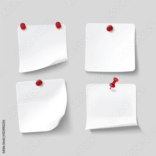 Collection of various white note papers with curled corner, pinned red pushbutton, ready for your message. Vector illustration. Isolated on white background. Front view. Top view. Close up.