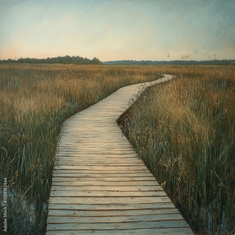Fototapeta premium Walking boardwalk leading through dense marshland vegetation.