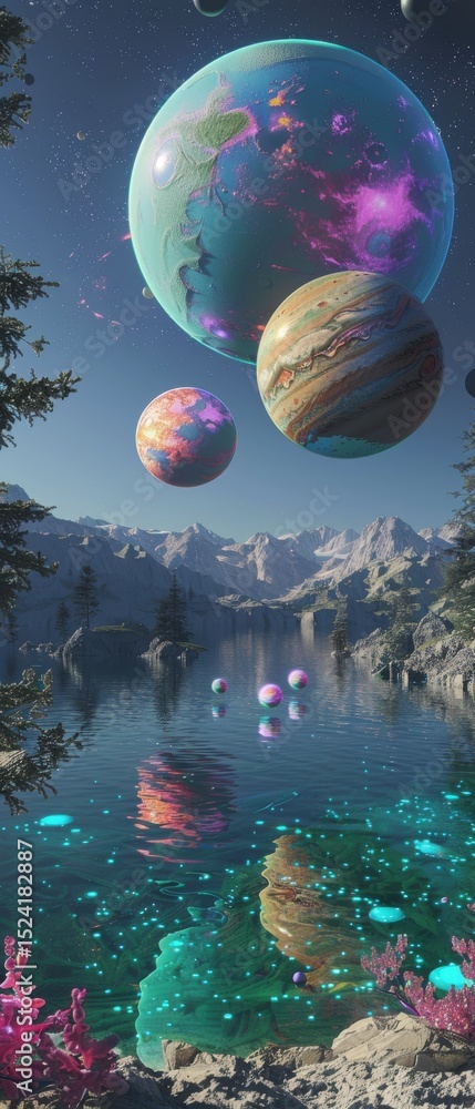Fototapeta premium A surreal dreamscape giant planets hover above crystalline lakes bioluminescent flora shines ethereal light, noise.