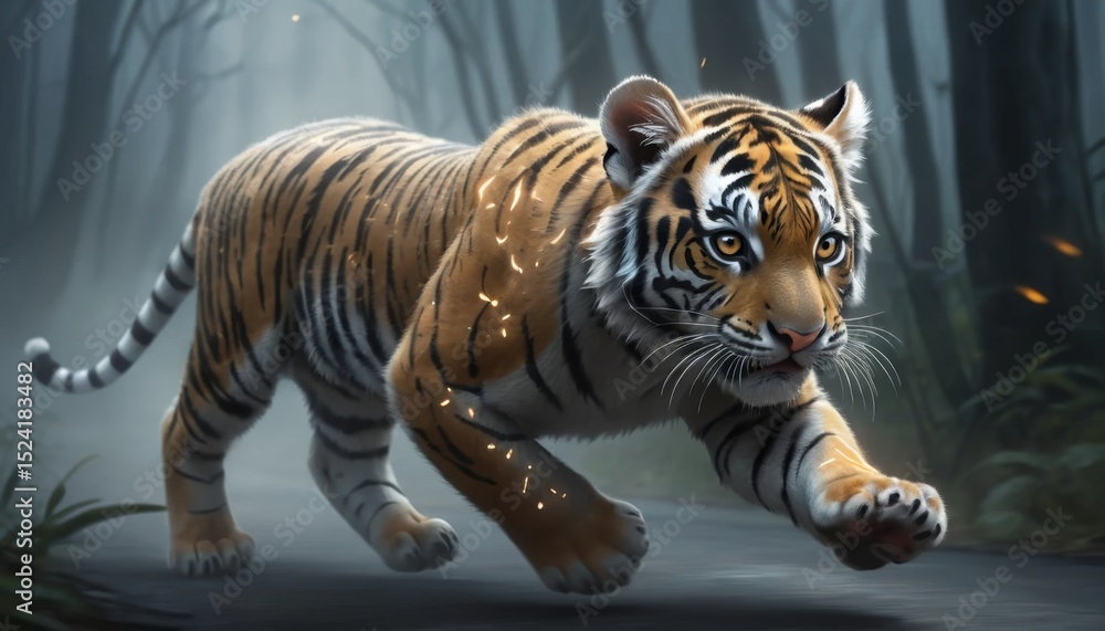 Obraz premium Majestic Tiger Cub Running Through Mystical Forest Path