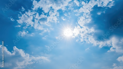 Vibrant High Noon Sunlight Blue Cloudy Sky Background – Blinding Sun Rays, Cerulean Skies, Luminous Cloud Textures, Energetic Midday Atmosphere