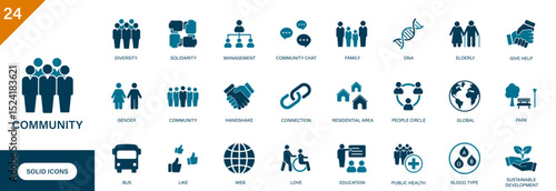 Community icon. Containing people circle, group of people, family, diversity, residential area. Solid vector icons collection.