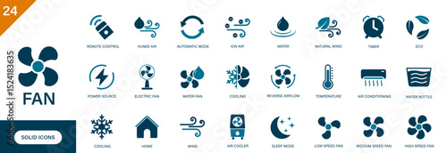 Fan icon. Containing fan blades, electric fan, air cooler, summer, fan features, cooling. Solid vector icons collection.