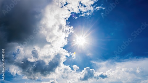 Vibrant High Noon Sunlight Blue Cloudy Sky Background – Blinding Sun Rays, Cerulean Skies, Luminous Cloud Textures, Energetic Midday Atmosphere