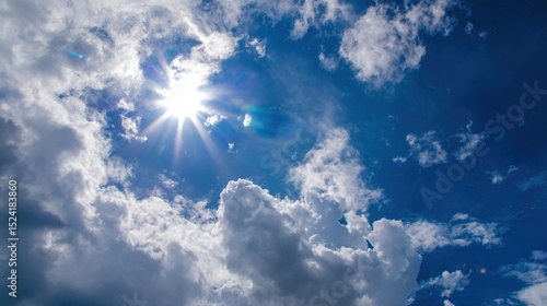 Vibrant High Noon Sunlight Blue Cloudy Sky Background – Blinding Sun Rays, Cerulean Skies, Luminous Cloud Textures, Energetic Midday Atmosphere