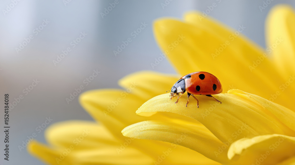 Fototapeta premium Vibrant ladybug with red and black spots sits on bright yellow flower petal, creating striking contrast against soft, blurred background