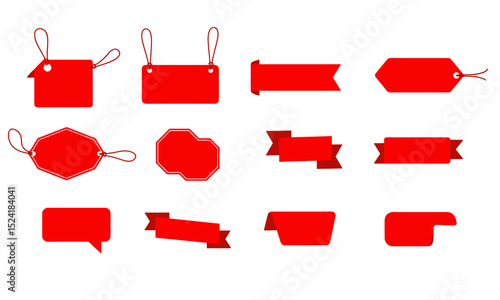 Blank Red Tags: Customizable Labels and Banners. A versatile collection of blank red tags, labels, and banners in various shapes and designs, some with strings