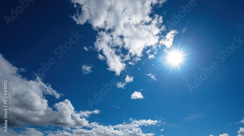 Vibrant High Noon Sunlight Blue Cloudy Sky Background – Blinding Sun Rays, Cerulean Skies, Luminous Cloud Textures, Energetic Midday Atmosphere