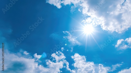 Vibrant High Noon Sunlight Blue Cloudy Sky Background – Blinding Sun Rays, Cerulean Skies, Luminous Cloud Textures, Energetic Midday Atmosphere