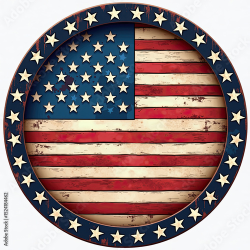 Celebrate American pride with this rustic patriotic emblem, a vintage USA flag design on distressed wood planks, enclosed in a bold circular frame of stars.
