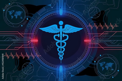 Futuristic blue Caduceus medical symbol and abstract technology design