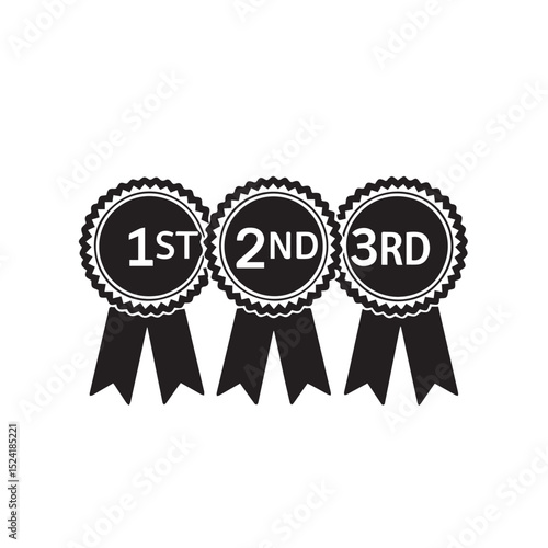 First second and third place award ribbons set black and white icon