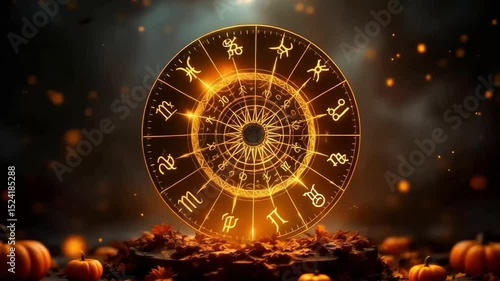Mysterious Zodiac Signs Astrology Wheel with Pumpkins and Autumn Leaves – Dramatic Halloween Fantasy Art in Glowing Cinematic Style