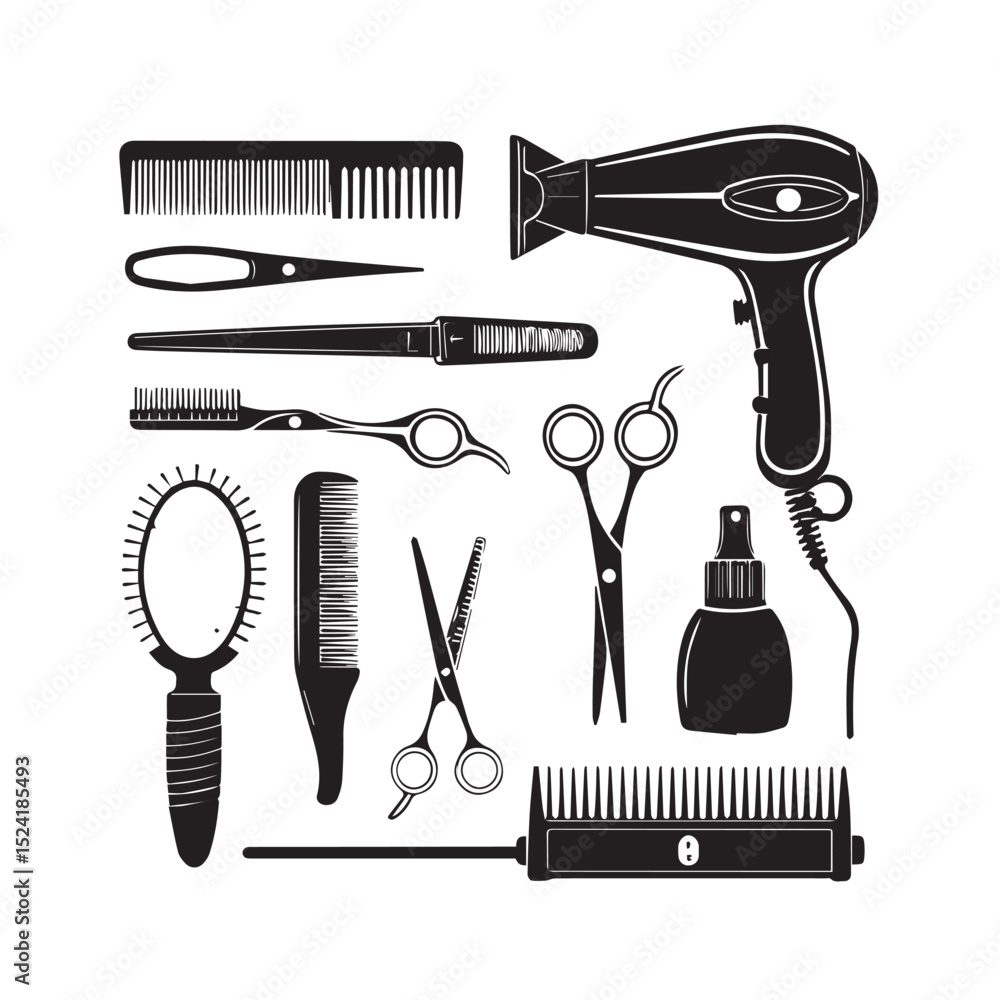 Fototapeta premium Hairdressing tools collection black silhouettes on white background