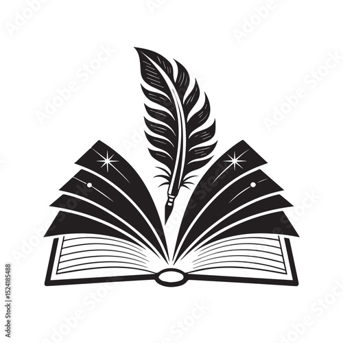 Open book with quill pen illustration black and white design